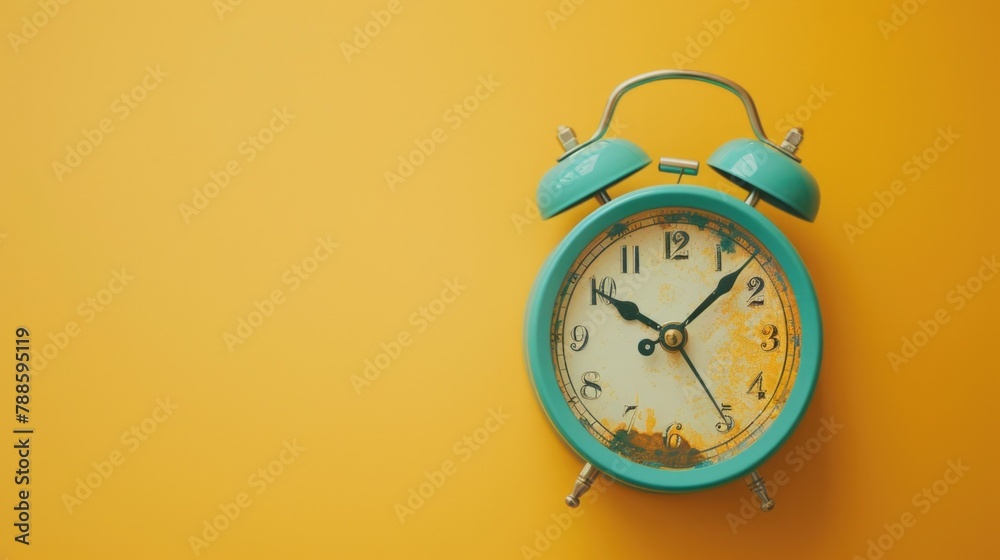 Poster simple blue alarm clock on bright yellow background. suitable for time management concepts