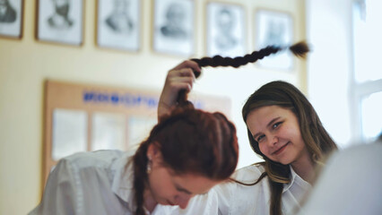 Fun schoolgirls in the classroom. Girl playing with her friend's pigtail.