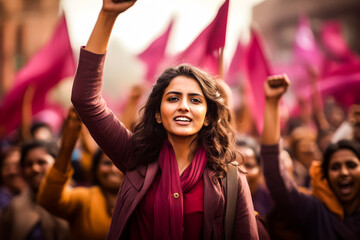 women empowerment : activists strong women defending rights on 8 march demonstration international womens day. Purple colours.  - obrazy, fototapety, plakaty