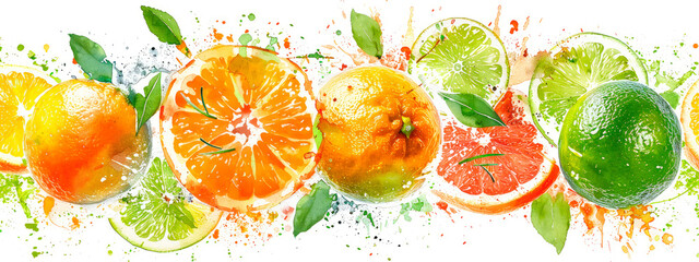 drawing watercolor citrus fruits. selective focus.