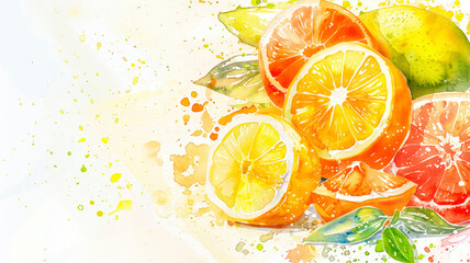 drawing watercolor citrus fruits. selective focus.