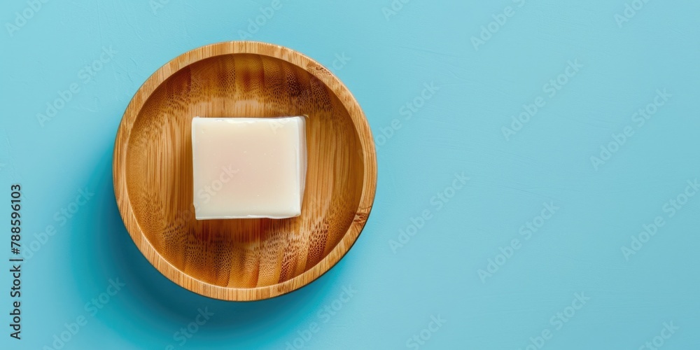 Poster a simple wooden bowl with a square of soap. perfect for hygiene or spa concepts