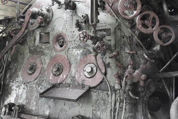 Cabin interior of an old retro steam locomotive.