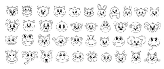 Very big outline set, collection of cute coloring head, face animals on white isolated background. Kids, baby doodle graphic line design. Kawaii cutie zoo, wild animals vector illustration	