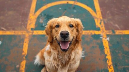 happy golden retriever dog on the basketball court, top view portrait. funny adorable dog sitting...