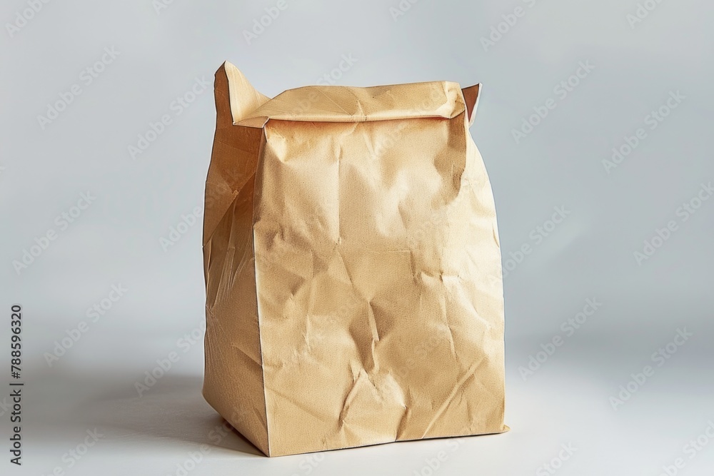 Poster a simple brown paper bag on a table. suitable for various concepts