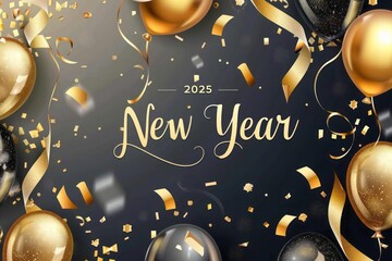 New Year 2025 elegant card design featuring gold and black with golden balloons, confetti, and ribbons. Ideal for holiday greetings, invitations, and Christmas celebrations