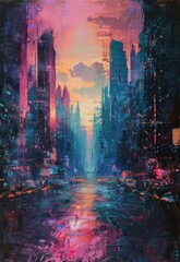 A Renaissance-style oil painting of a futuristic city in turmoil, bathed in sky blue, rose, fuchsia, and yellow tones, capturing a dystopian vision of impending darkness. - obrazy, fototapety, plakaty