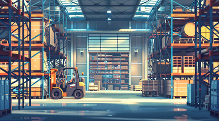 A massive distribution warehouse with tall shelves and a forklift