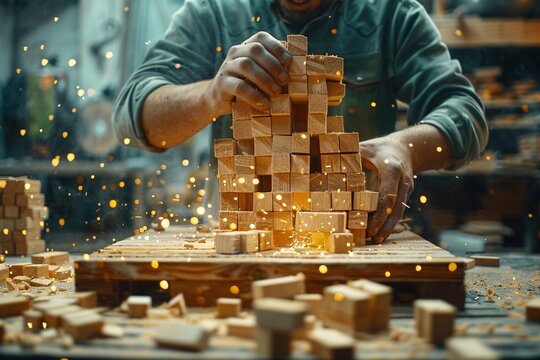 Businessman building a tower of wooden cubes. Business development concept. A person building a ower of blocks.
