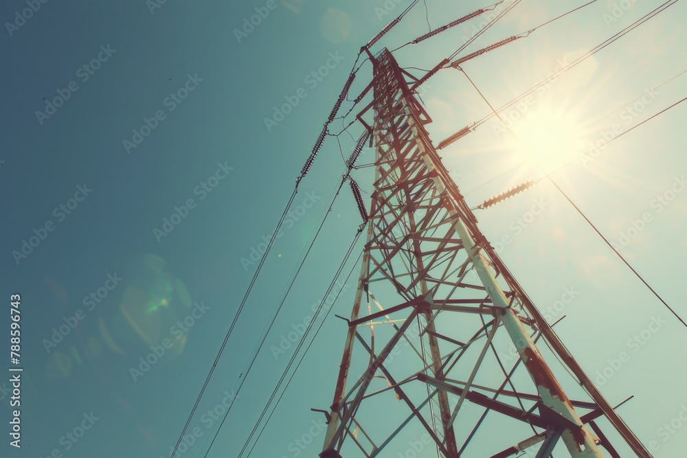 Poster a high voltage tower with the sun shining in the background. perfect for energy or power concepts