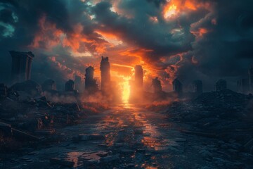 Amidst societal collapse, a single light shines in the darkness, offering hope and urging us to rebuild and revive from the ashes of apocalypse. - obrazy, fototapety, plakaty
