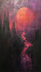 An oil painting of a dystopian city in darkness, with lilac, gray, and orange hues. Beauty amidst chaos, like a Renaissance masterpiece.