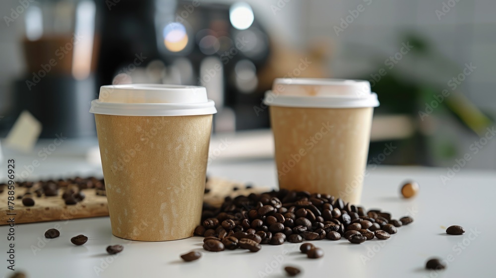 Canvas Prints Two cups of coffee with coffee beans on a table. Suitable for coffee shop promotions