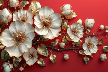 Flowers composition. White flowers on red background. Flat lay, top view, copy space