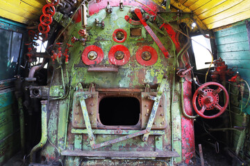 Cabin interior of an old retro steam locomotive.