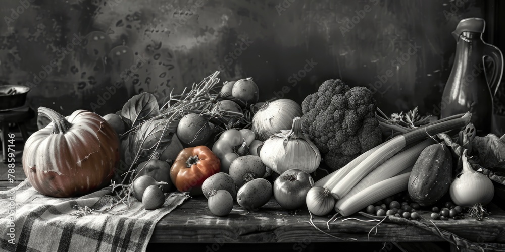 Poster assorted vegetables displayed on a table, suitable for food and nutrition concepts