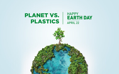 Fototapeta premium Planet vs. Plastics , Earth day 2024 concept 3d tree background. Ecology concept. Design with globe map drawing and leaves isolated on white background. 