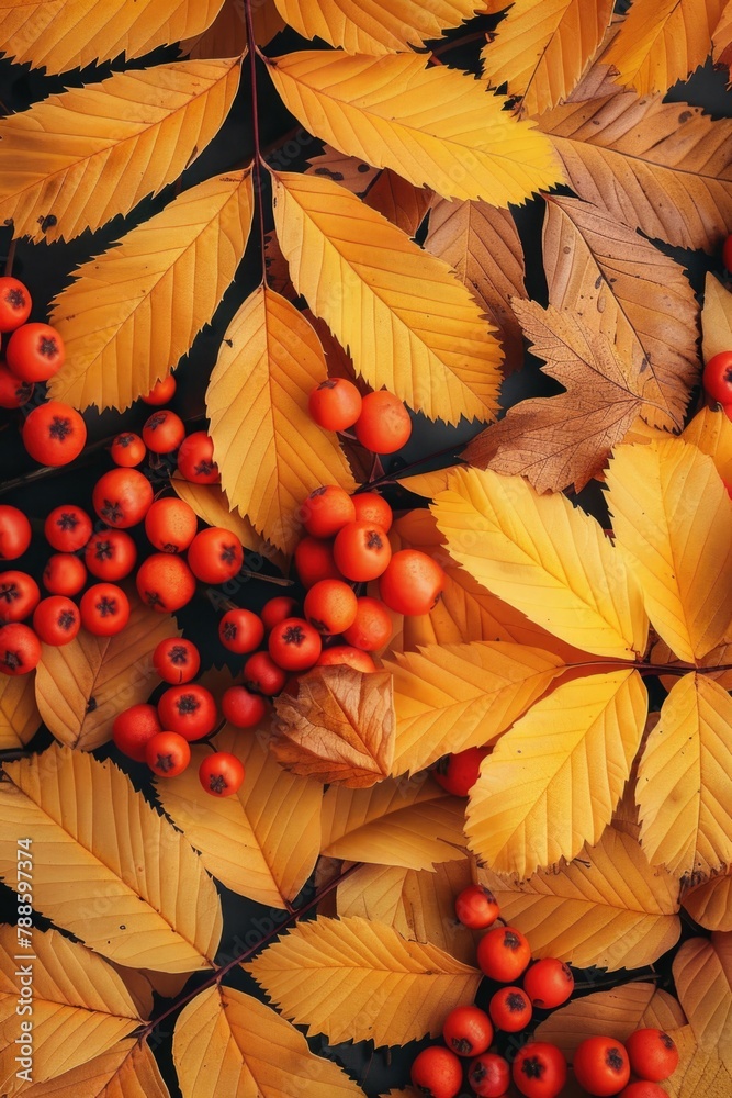 Poster a close up of a bunch of leaves and berries. suitable for nature and botanical themes