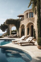Obraz premium Seafront Cottage with Mediterranean Architecture