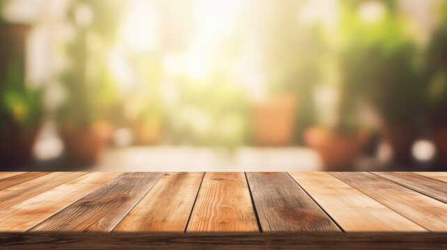 The empty wooden plank table with unfocused background. Exuberant image. generative ai