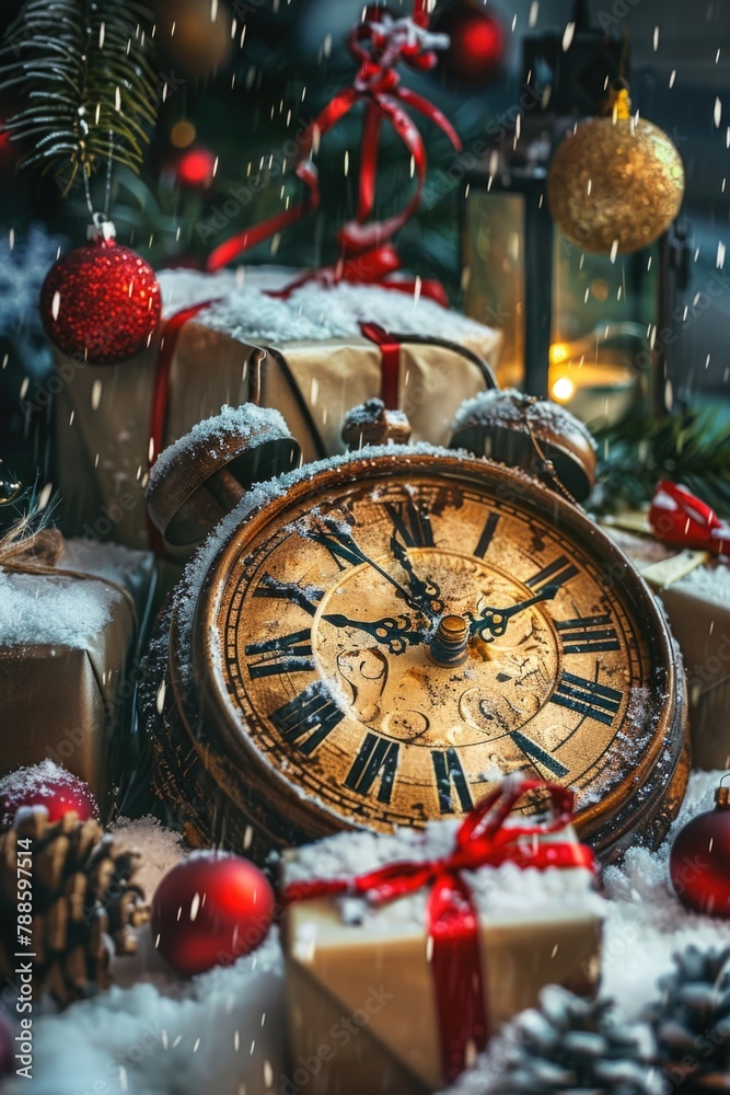 Aufkleber a clock sitting on top of a pile of presents. perfect for holiday or time management concepts