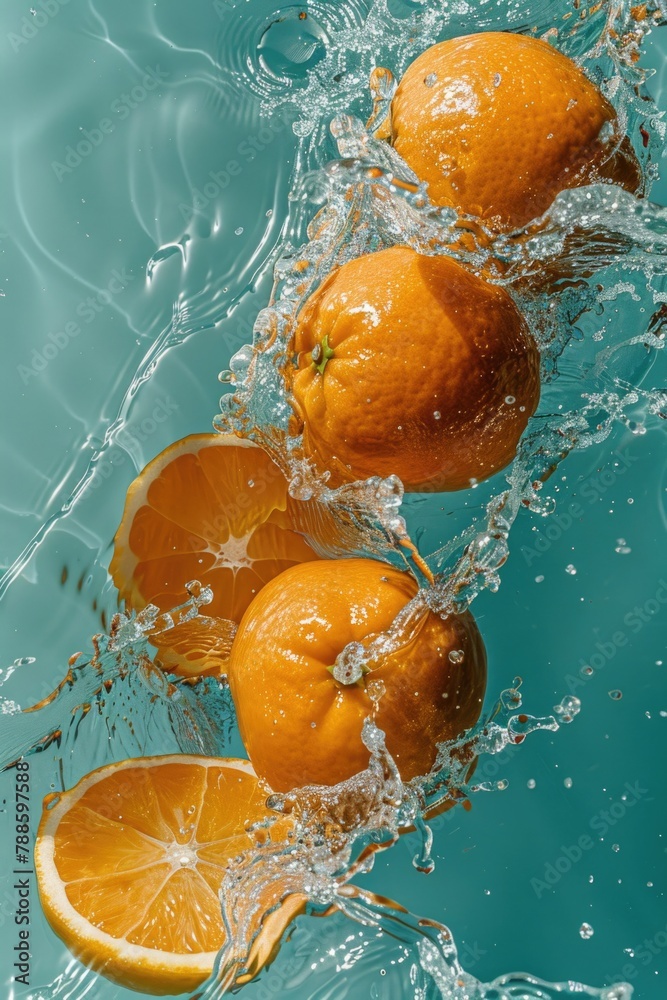 Poster fresh oranges floating in clear water. suitable for food and health-related designs