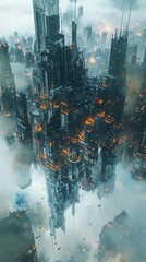 Blend dystopian elements seamlessly with abstract art in a panoramic view that surprises with unexpected camera angles, evoking a sense of unease