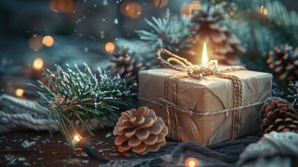 A beautifully wrapped gift with rustic brown paper, pine cones, and glowing lights. Perfect for holiday and Christmas themes