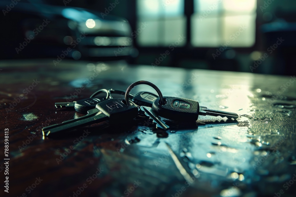 Poster a bunch of keys sitting on a wooden table, suitable for various concepts