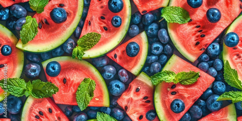 Poster fresh and colorful watermelon slices with blueberries and mint leaves. ideal for summer themes and h