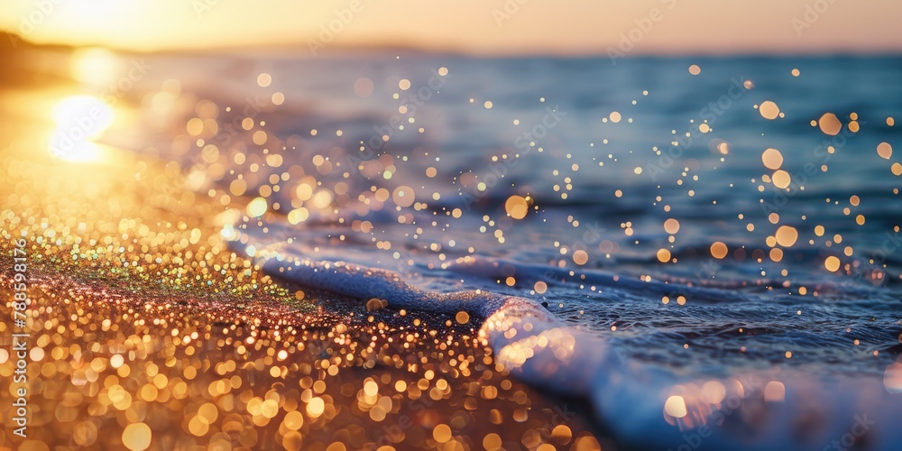 Poster a close-up view of a wave on a beach at sunset. perfect for travel and nature concepts