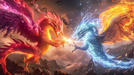 3d illustration Dragon War, epic battle between fire dragon and lightning dragon. concept art, 3D rendering