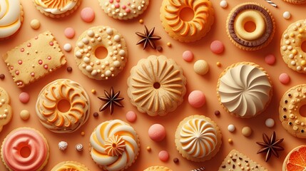 Produce a vector illustration of a birds-eye view perspective displaying mouthwatering cookies in levitation, using bold colors and detailed textures to highlight the delightful sweetness of the treat