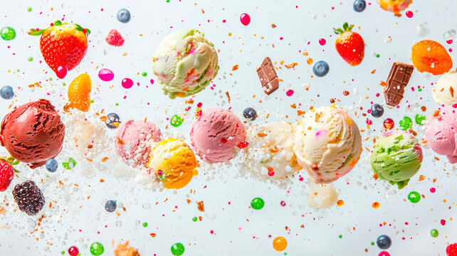 ice cream balls with berries and fruit splash. selective focus.