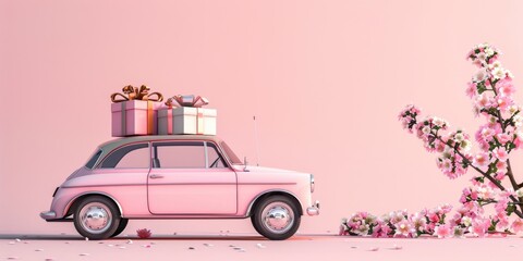 A pink car with a gift on top, perfect for holiday celebrations