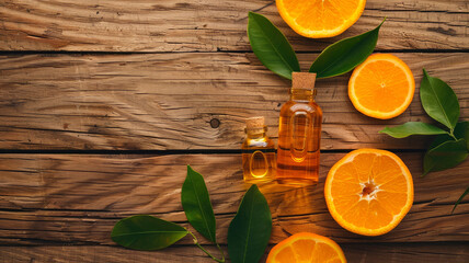 orange essential oil in a bottle. selective focus.