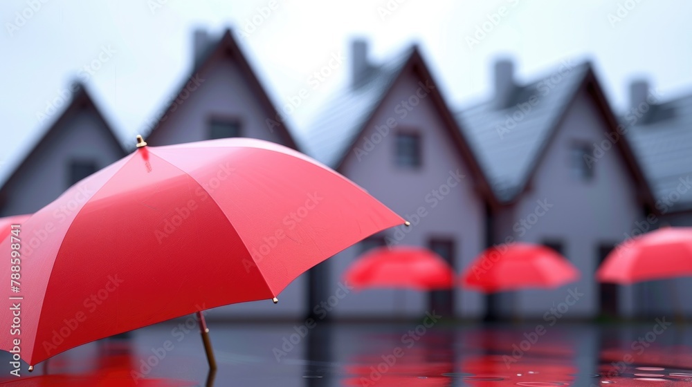 Poster group of red umbrellas on top of a puddle of water, suitable for weather or rainy day concepts