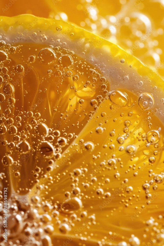 Poster Close up of a lemon slice with bubbles, perfect for adding a refreshing touch to your designs
