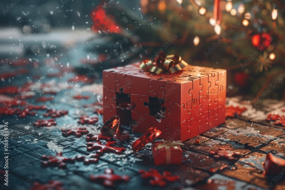 Poster A red puzzle box sitting on a table. Ideal for business or education concepts