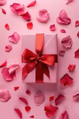 A white gift box with a red ribbon and scattered rose petals, perfect for romantic occasions