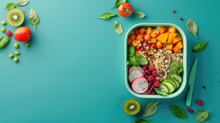 a colorful and healthy lunch box, filled with an array of nutritious delights that tantalize the taste buds and nourish the body. - obrazy, fototapety, plakaty