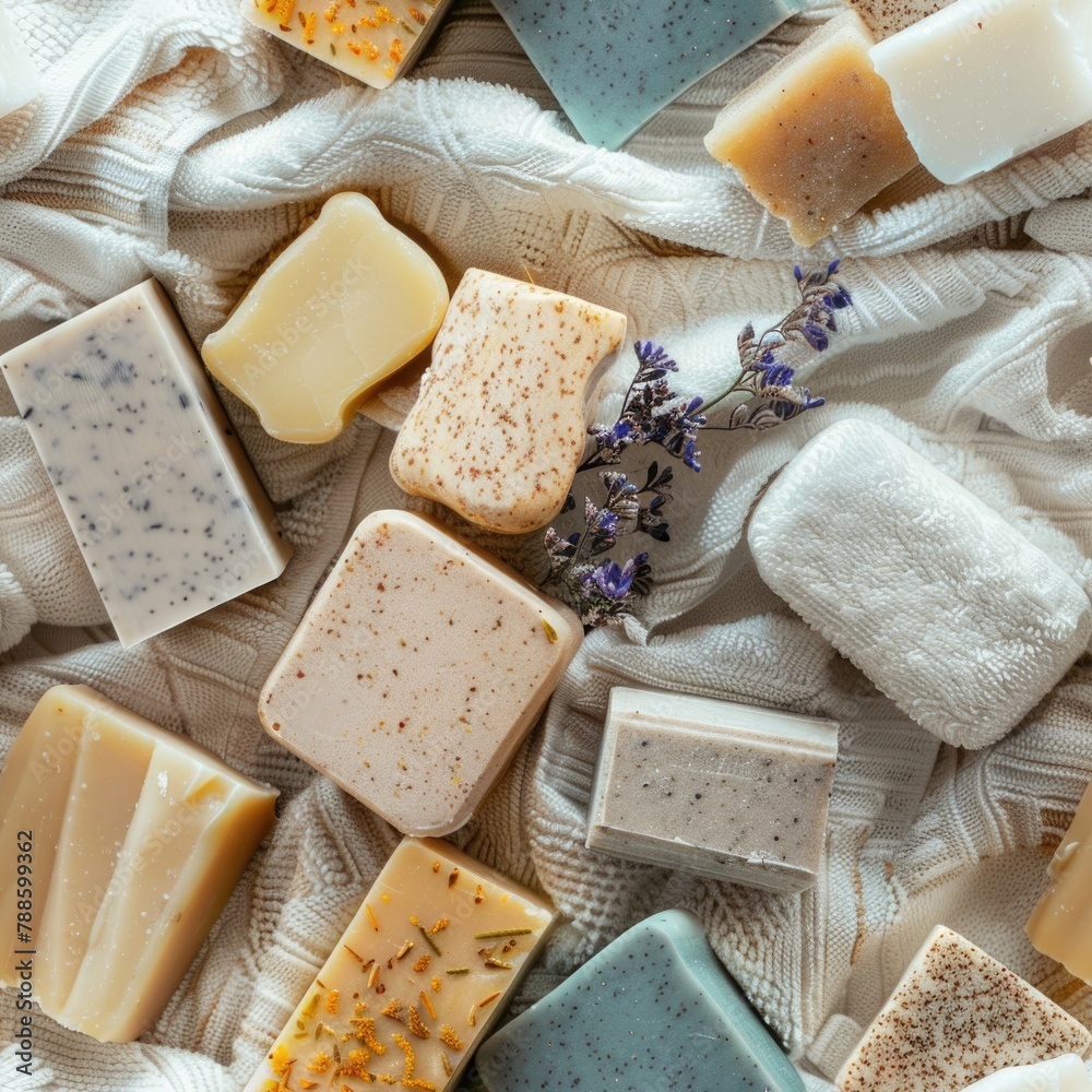 Aufkleber Various soap bars arranged neatly on a soft towel. Suitable for hygiene and spa concepts