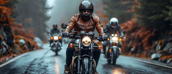 Band of Bikers: Onward Through Misty Roads. Concept Adventure, Motorcycle Ride, Foggy Weather, Group Travel