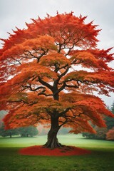 Tree with Bright Orange Leaves Standing at the Top of Lush Green Field