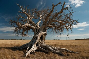 Dry Tree in the Middle of a Field Reaching Up to the Sky
