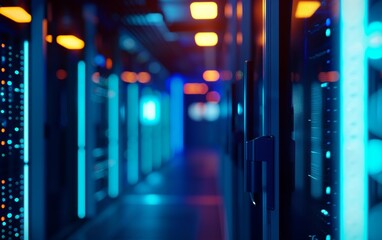 A row of server racks illuminated by vibrant blue and orange lights, creating a mesmerizing, futuristic atmosphere in the dark data center.