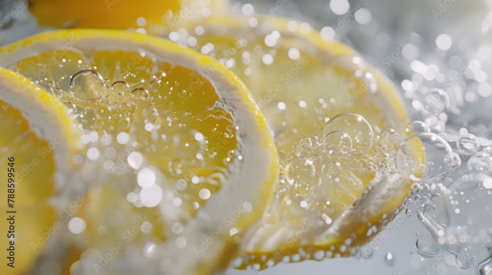 Poster fresh lemon slices floating in clear water, perfect for refreshing summer drink concept