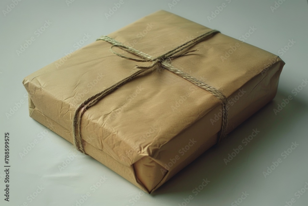 Poster A brown package wrapped in brown paper. Suitable for various packaging and delivery concepts