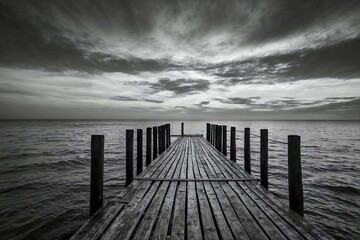 Serene Black and White Image of a Wooden Pier Overlooking the Vast Sea